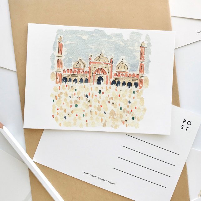 Cartão Postal De Convite Jama Masjid Delhi Índia Muçulmana Viagem de Aquare (Jama Masjid Delhi India Muslim wwatercolor travel postcard.)