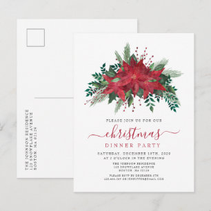 Cartão Postal De Convite Jantar de Natal com Flores de Poinsettia Vermelha