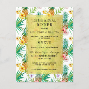 Cartão Postal De Convite Janto de ensaio de abacaxi e hibiscus com aquarela