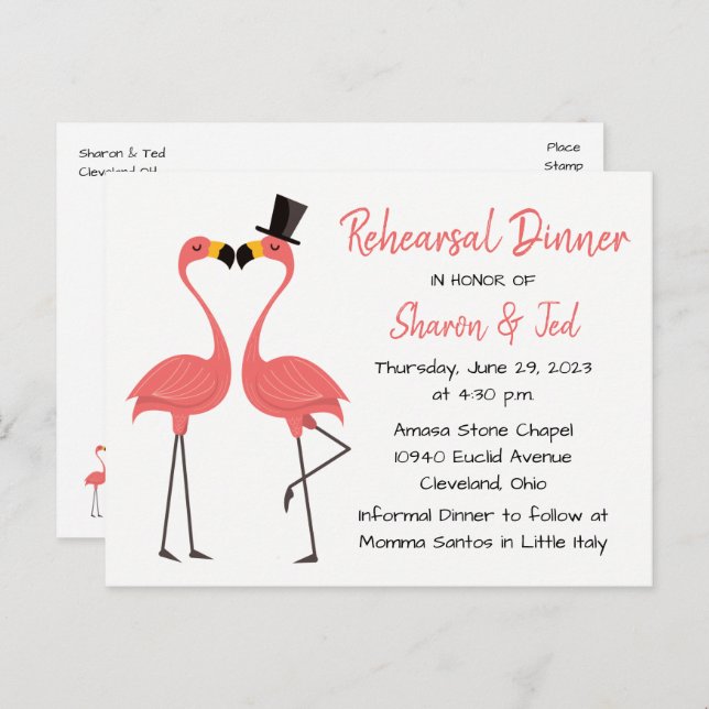 Cartão Postal De Convite Janto de Ensaio de Casamento Tropical de Flamingo  (Frente/Verso)