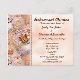 Cartão Postal De Convite Janto de ensaio de pérolas, Rosas e borboletas