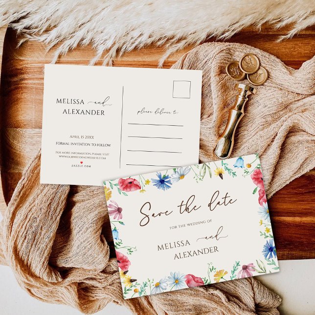 Cartão Postal De Convite Jardim de Flores Selvagens Bege Salvar Data  (Criador carregado)