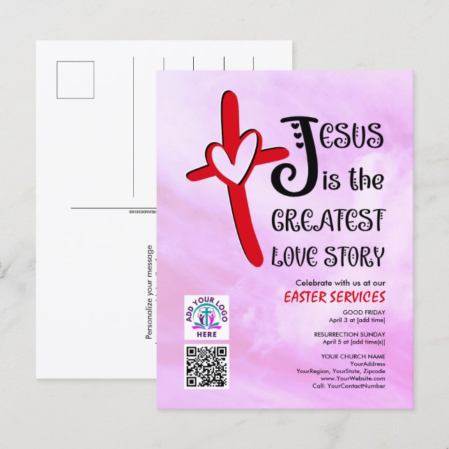 Cartão Postal De Convite JESUS GREATEST LOVE STORY Logo QR Code EASTER (Frente/Verso)