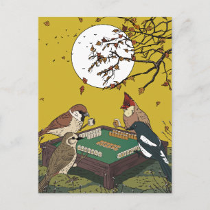 Cartão Postal De Convite Jogo de pássaros jogando Mahjong