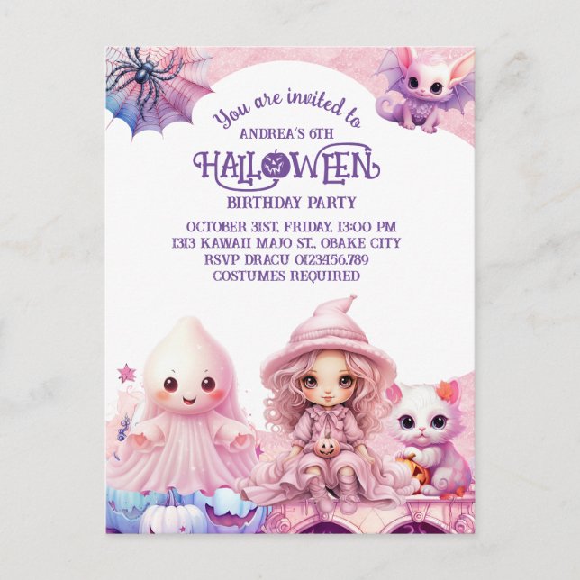 Cartão Postal De Convite Kawaii Cute Pink Halloween Aniversário (Frente)