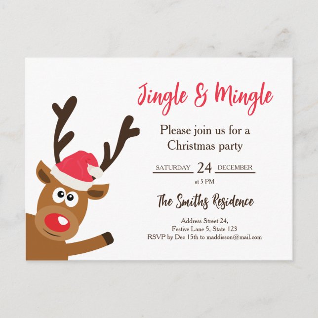 Cartão Postal De Convite Kawaii Reindeer Christmas Party Invitation (Frente)
