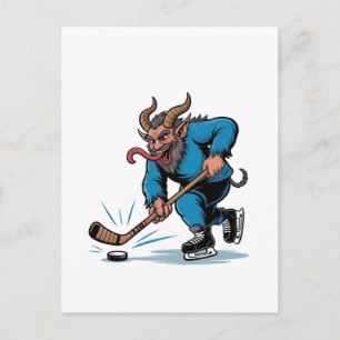 Cartão Postal De Convite Krampus Assustador Jogando Hóquei no Gelo Natal 