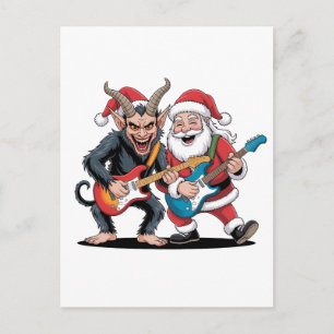 Cartão Postal De Convite Krampus e Papai Noel Tocando Guitarra Elétrica de 