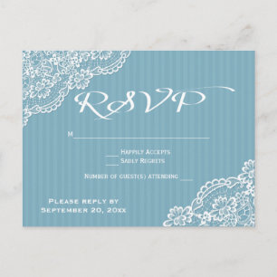 Cartão Postal De Convite Lace RSVP Listras Azuis Branco Elegante Casamento