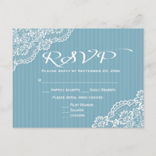Cartão Postal De Convite Lace RSVP Listras Azuis Branco Elegante Casamento