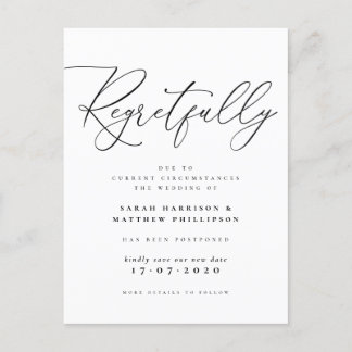 Cartão Postal De Convite Lamentavelmente Casamento de Preto & Branco Adiado