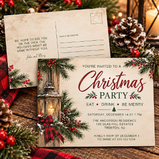 Cartão Postal De Convite Lâmpada Rústica Evergreens Frutas Natal Festa