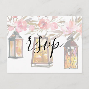 Cartão Postal De Convite Lanternas Dourados cor-de-rosa RSVP floral do