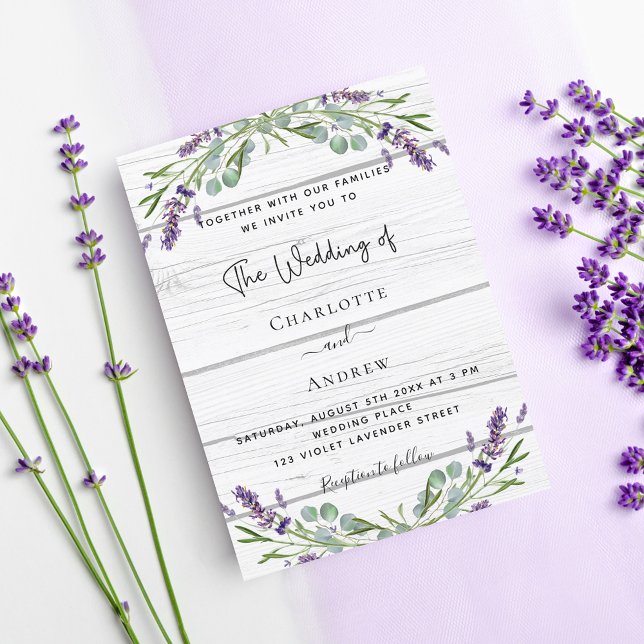 Cartão Postal De Convite Lavanda eucalyptus verde-madeira branca casamento (Criador carregado)