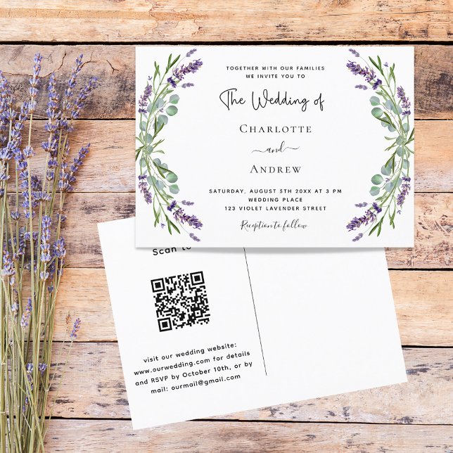 Cartão Postal De Convite Lavanda floral verde código QR casamento RSVP (Criador carregado)