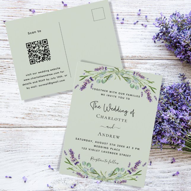 Cartão Postal De Convite Lavanda floral verde sábio verde casamento QR (Criador carregado)