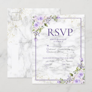 Cartão Postal De Convite Lavanda Lilac Dourada Marble Floral Wedding RSVP I