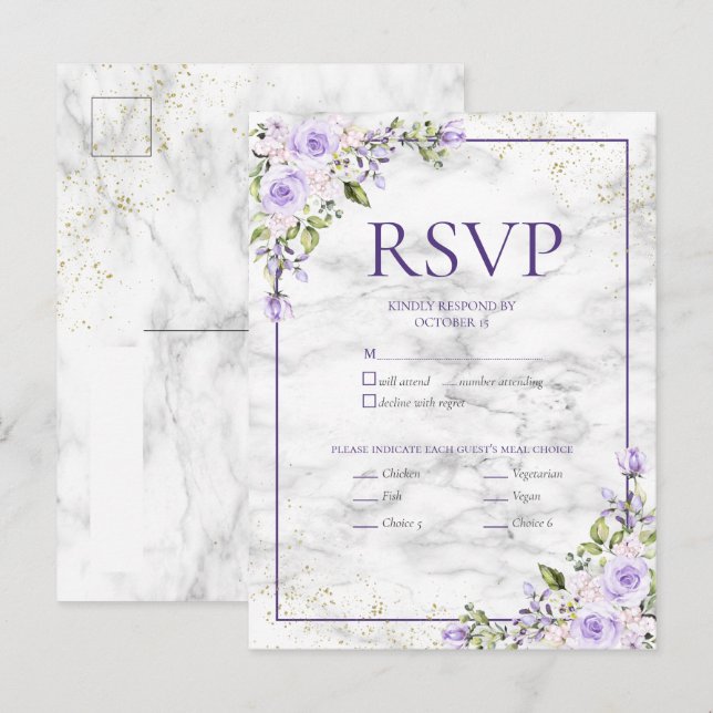 Cartão Postal De Convite Lavanda Lilac Dourada Marble Floral Weding RSVP In (Frente/Verso)