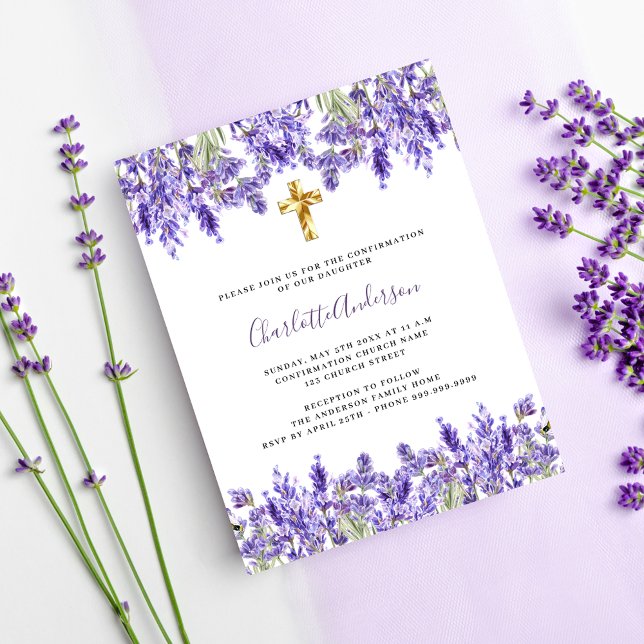 Cartão Postal De Convite Lavanda violet florals gold cross Confirmação (Criador carregado)