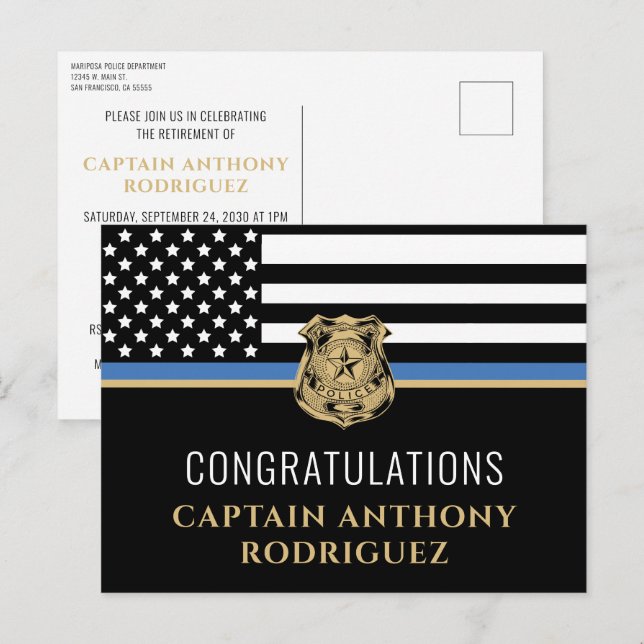 Cartão Postal De Convite Lei da Linha Azul Fina Aposentadoria da Polícia Fo (Frente/Verso)