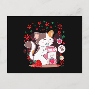 Cartão Postal De Convite Leite de Morango Shake Boba de Gato