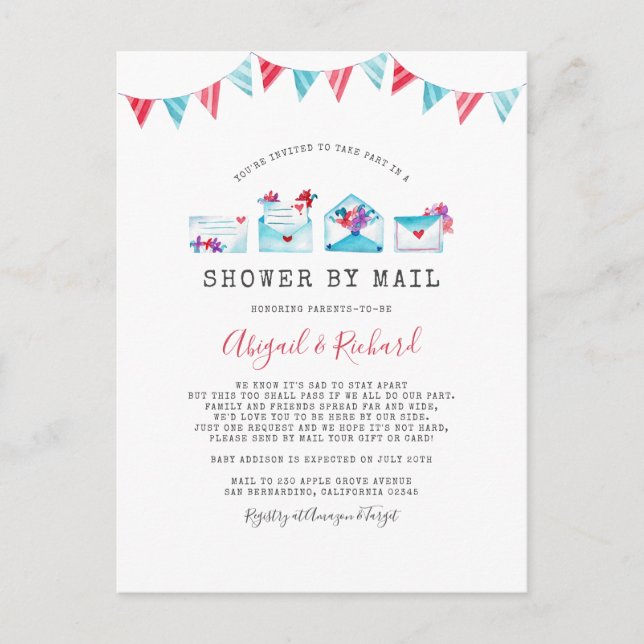 Cartão Postal De Convite Letras Aquarelas Chá de Longa Distância por Correi (Frente)