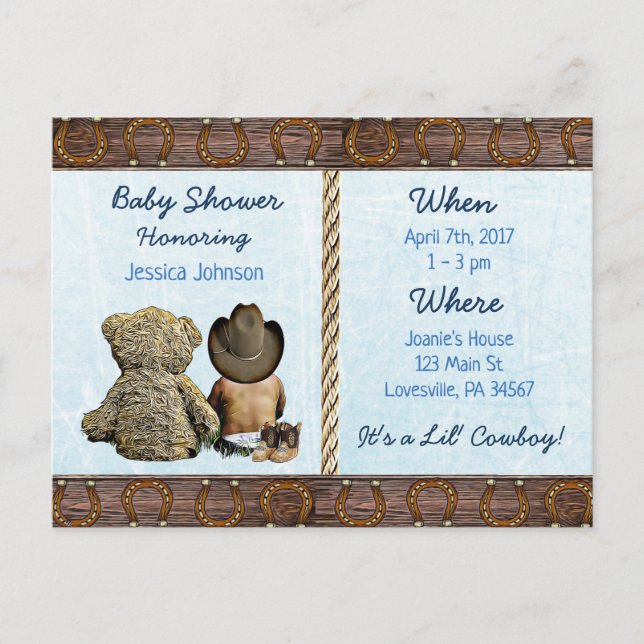 Cartão Postal De Convite Lil Cowboy Baby Boy e Teddy Bear Inv (Frente)