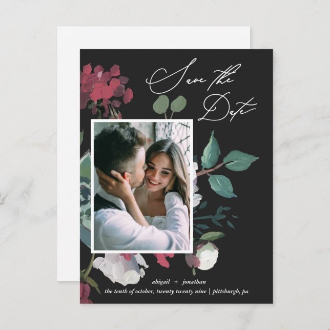 Cartão Postal De Convite Linda Aquarela Preto Floral Salvar Data (Frente/Verso)