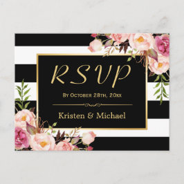 Cartão Postal De Convite Linda Floral Black White Stripes Casamento RSVP