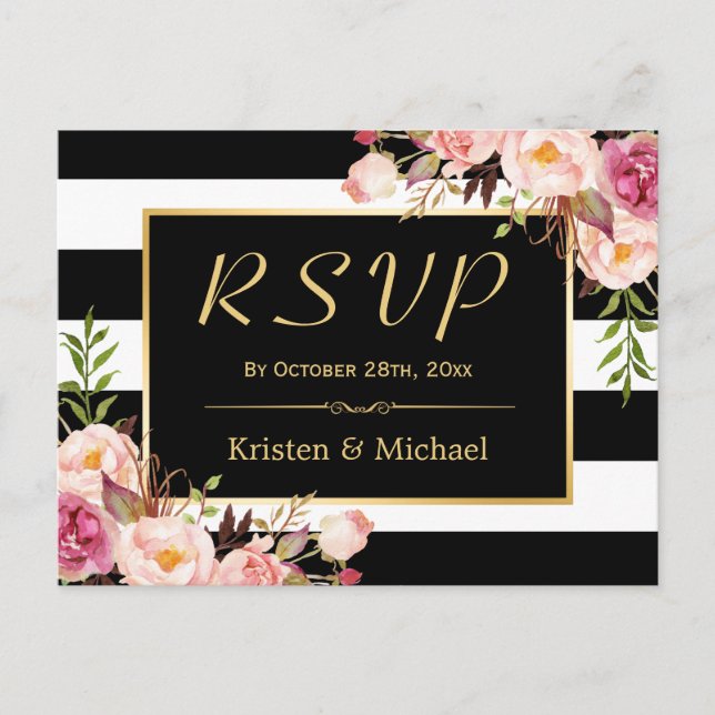 Cartão Postal De Convite Linda Floral Black White Stripes Casamento RSVP (Frente)