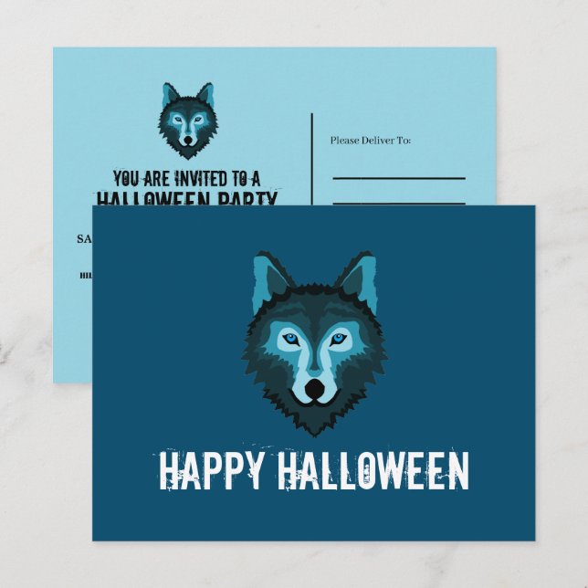 Cartão Postal De Convite Lobo Azul, Festa de Halloween (Frente/Verso)