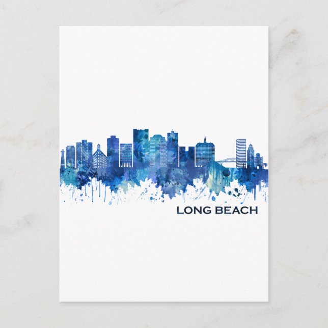 Cartão Postal De Convite Long Beach California Skyline Blue (Frente)
