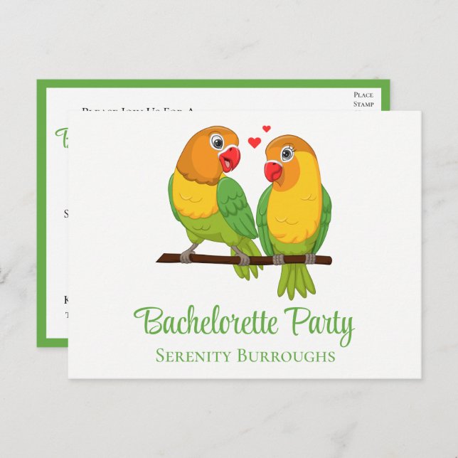 Cartão Postal De Convite Lovebird Yellow Green Love Birds Bachelorette (Frente/Verso)