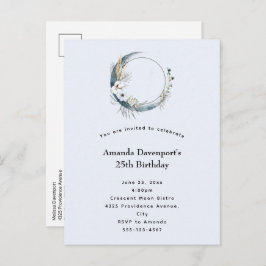 Cartão Postal De Convite Lua do Crescente Azul com Flores Brancas Aniversár