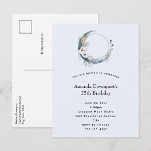 Cartão Postal De Convite Lua do Crescente Azul com Flores Brancas Aniversár