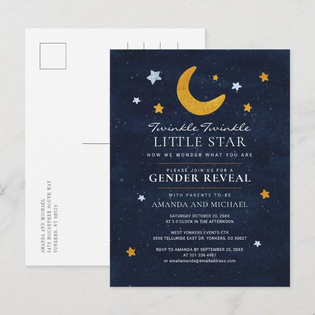 Cartão Postal De Convite Lua Estrelas Gênero Revelar Marinho Casal Azul (Frente/Verso)