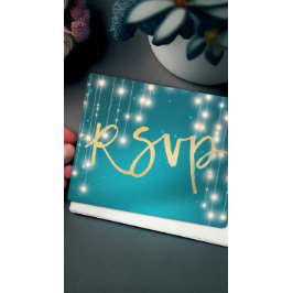 Cartão Postal De Convite Luzes de Corda Azul Dourado Carta de Resposta Casa