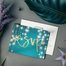 Cartão Postal De Convite Luzes de Corda Azul Dourado Carta de Resposta RSVP