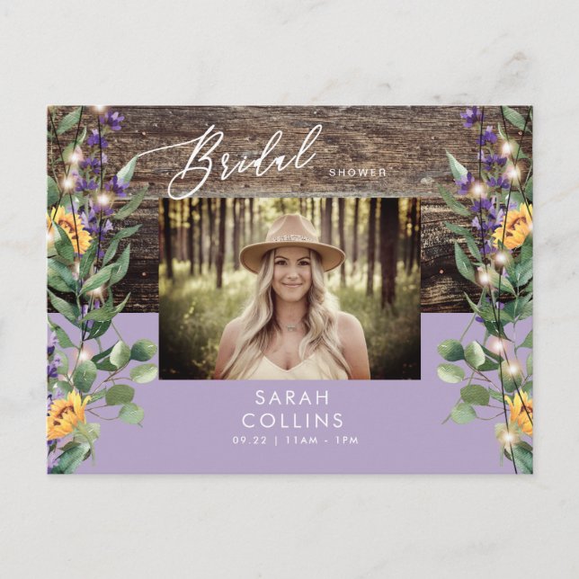 Cartão Postal De Convite Luzes de girassol e Lavanda Foto Rustic Bridal (Frente)