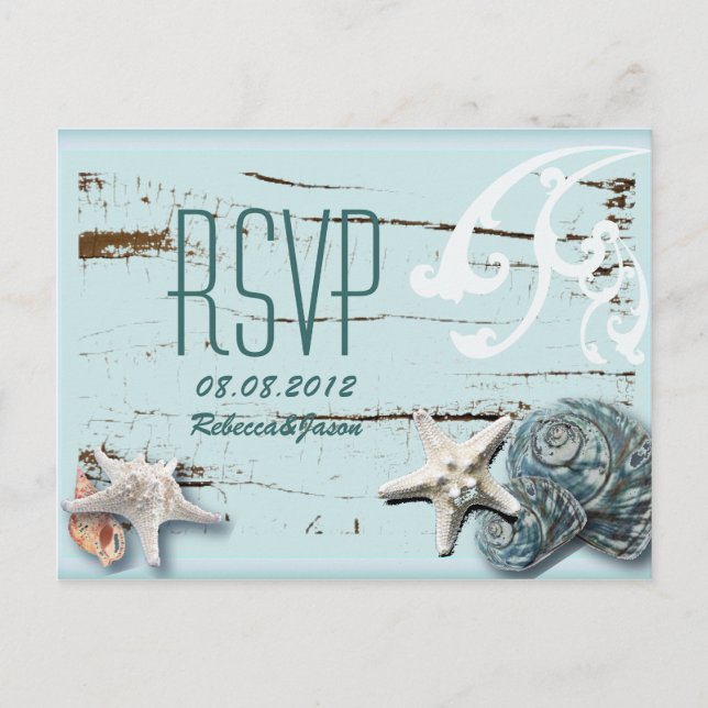 Cartão Postal De Convite Madeira legante BLue Seashells Beach Wedding rsvp (Frente)