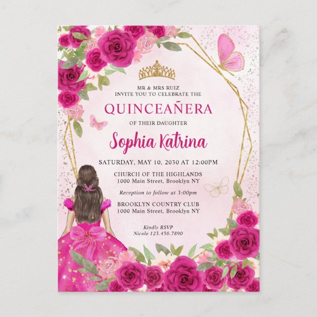 Cartão Postal De Convite Magenta Glam Dourada Floral Princesa Quinceañera (Frente)