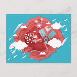 Cartão Postal De Convite Makar Sankranti, azul e pipa vermelho