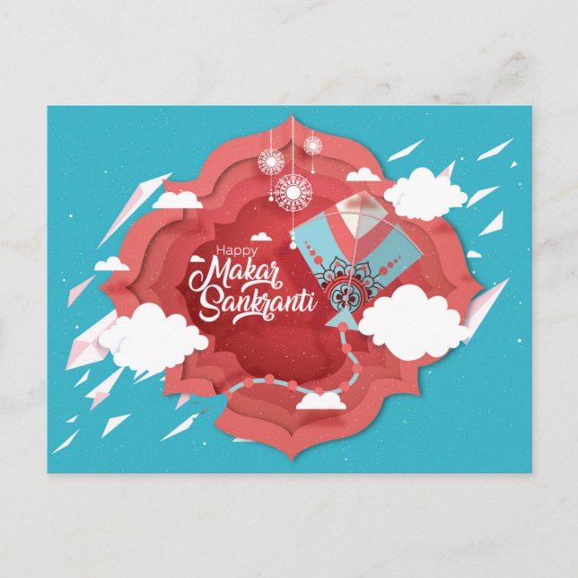 Cartão Postal De Convite Makar Sankranti, azul e pipa vermelho (Frente)
