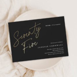 Cartão Postal De Convite Manuscrito Minimalista Preto e Dourado 75º Anivers