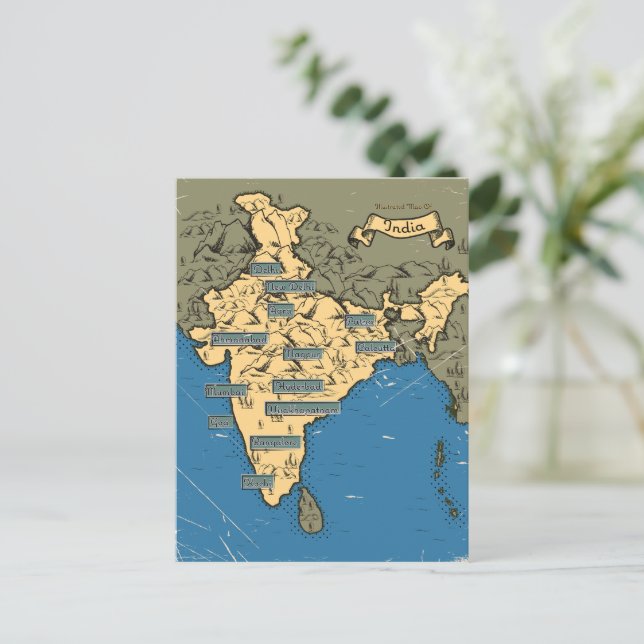 Cartão Postal De Convite Mapa de viagem ilustrado da Índia (Em pé/Frente)
