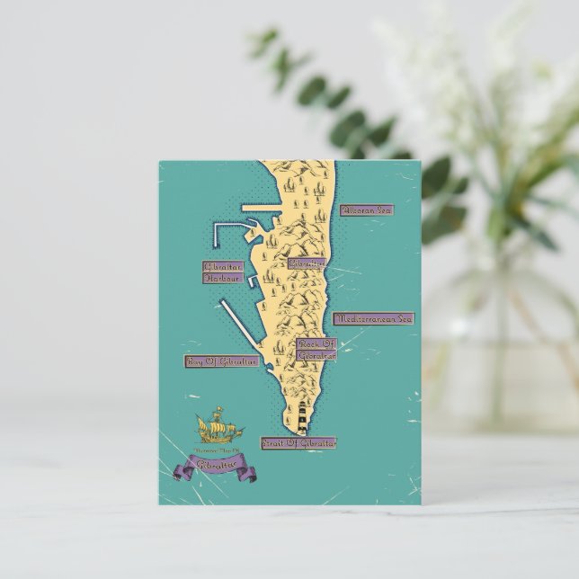 Cartão Postal De Convite Mapa Ilustrado De Viagem De Gibraltar (Em pé/Frente)