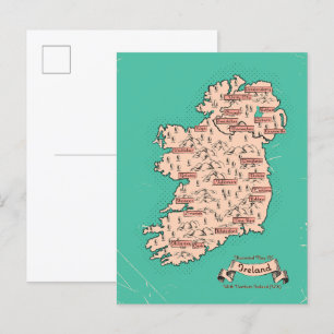 Cartão Postal De Convite Mapa ilustrado de viagens da Irlanda