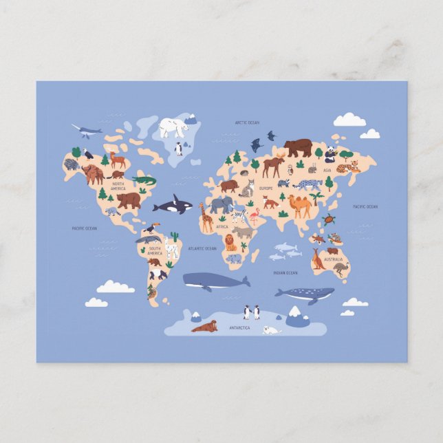 Cartão Postal De Convite mapa mundial infantil com animais (Frente)