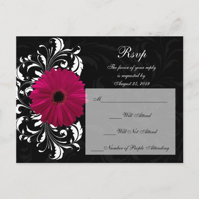 Cartão Postal De Convite Margarida Gerbera de Fuchsia em Riscas com Preto e (Frente)