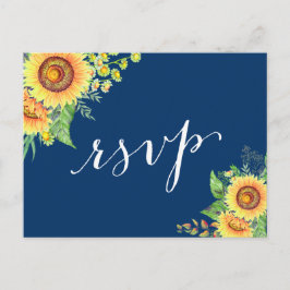 Cartão Postal De Convite Marinho Amarelo Azul Girassóis RSVP de Casamento R